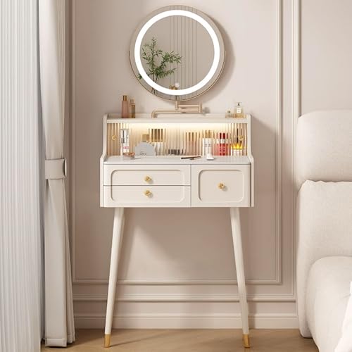 Tocador con Espejo e Iluminación, Elegante Tocadores con Cajón, Mesa de Maquillaje for Mujeres, Espacios Pequeños y Dormitorios, con Deslizamiento Silencioso(60x45x98cm)