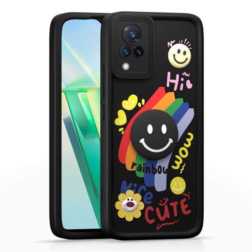 Image of Pikkme Back Cover for Vivo V21 5G | Soft Silicone| Cute Rainbow Smile & 3D Cartoon Flower Design | Shockproof Raised Camera Protection Bumper Case (Black)
