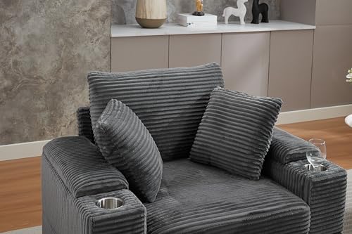 Image of 50 inch Corduroy Upholstered Chaise Lounge Chair Indoor, Modern Lazy Sofa with Storage Armrest, Sleeper Couch with Cup Holders for Living Room, Grey