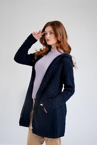 Image of SAOL 100% Merino Wool Aran Irish Cardigan for Women with Pockets, Hood and Celtic Zipper