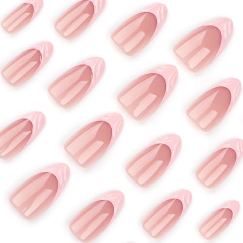 Image of Pink French Tip Press on Nails 3D Wave Fake Nails Spring Summer Glue on Nails Medium Almond False Nails with Design Reusable Artificial Acrylic Full Cover Nude Stick on Nail for Women Manicure 24Pcs
