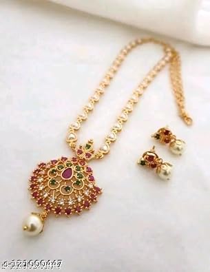 South Indian Golden Long Necklace Pendant Temple Jewellery Ethnic Antique Traditional Pearl Multi Kundan Necklace Earring Set