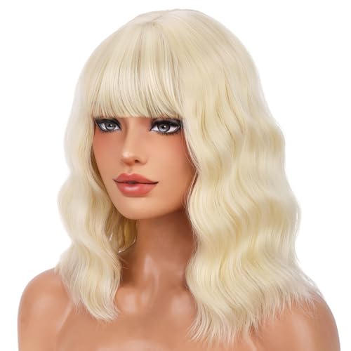 BERON 14 Inches Blonde Wig for Women Short Curly Wig Blonde Wigs with Bangs Bob Blonde Wigs for Daily Party Hairnet Include