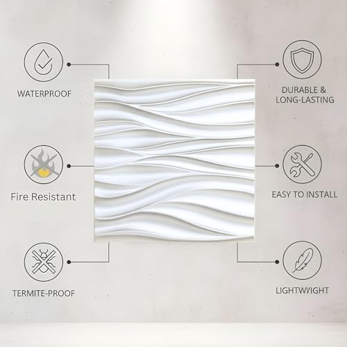 Image of Kayra Decor 3D PVC Wall Panels for Bedroom & Living Room | Wave Design | White Color | 19.7 x 19.7 Inch | Pack of 18 | 48.42 Sq Ft