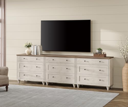 Image of WAMPAT Kids Dresser for Bedroom with 9 Drawers, Baby Dressers with Wide Chest of Drawers, Farmhouse Wooden Closet Storage Organizer, Large Wood Dressers for Living Room, Nursery, Hallway, Rustic White