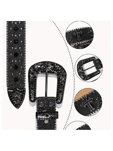 Verdusa Women's Rhinestone Studded Leather Belt Metal Buckle Rivet Western Waist Belts4