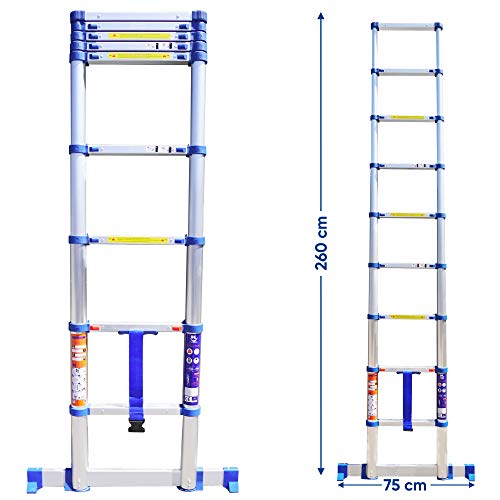 K•LUTECH - Teleskopleiter, Klappleiter Einziehbare Leiter, Hergestellt aus Aluminium in Profiqualität, CE-Zertifiziert bis 150 kg EN131 (2.60m)