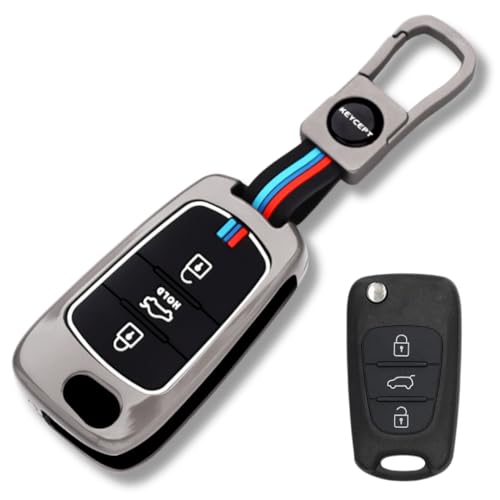 Image of Keycept Metal Alloy Key Cover Compatible with Hyun-dai i10, i20 Old 3 Button Flip Key with Keychain (Short Keychain).