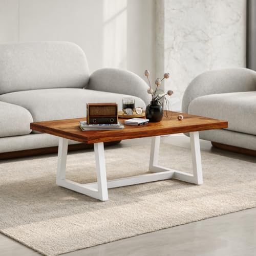 Image of Centre tabel /Tea Table Solid Wood Coffee Table for Living Room Wooden with White Metal Frame - Modern Rosewood and Teak, Coffee Table for Living Rooms bedrooms, & Apartments