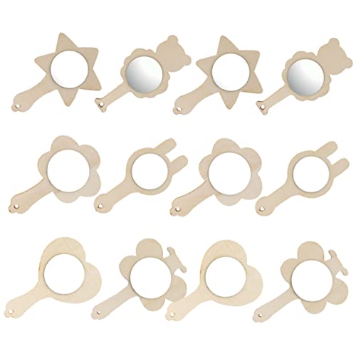 AUTSUPPL DIY Wooden Mirrors 12pcs Unpainted Hand Mirrors Handle Crafts for Kids for Kids Room Decoration