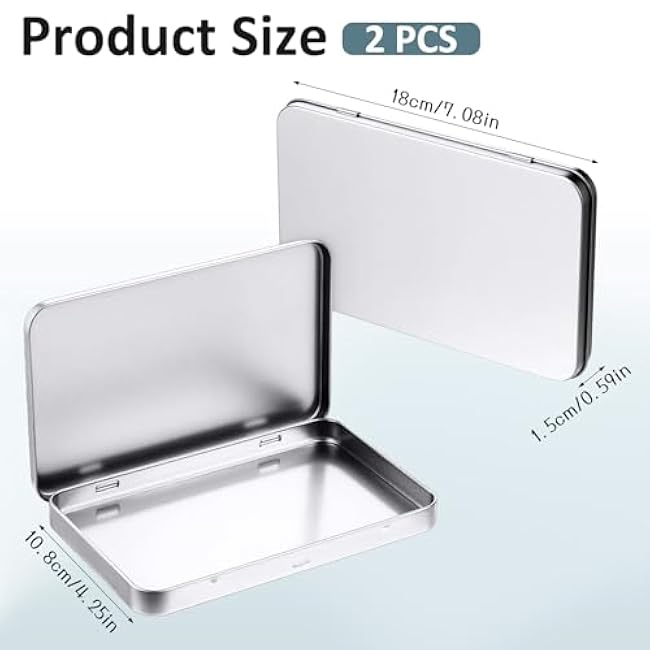 2 Pcs Metal Tin Box with Lid Metal Rectangular Tins Empty Hinged Box Containers Tins for Watercolor Jewelry Pen Eraser Candy Craft 7 x 4.25 x 0.59''