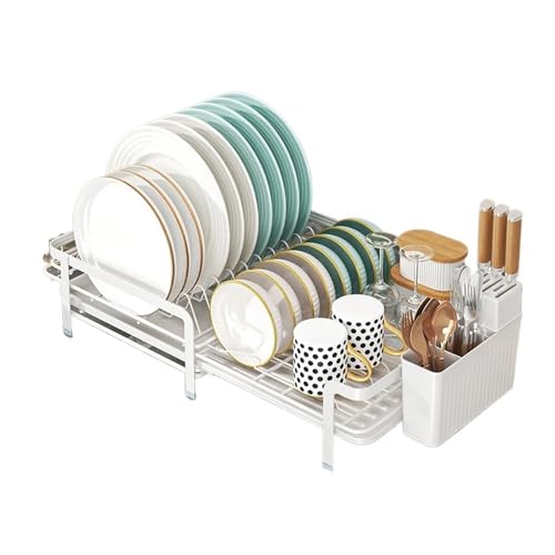拡張可能な食器水切りラック、水切り板、調理器具&カップホルダー付き、キッチンカウンター乾燥、ブラック&ホワイト(Pink)