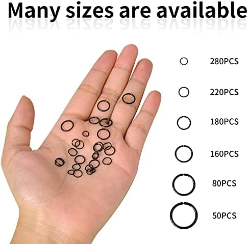 970 Pcs Open Jump Rings for Jewellery Making, Necklace Split Rings, Key Ring Chain Accessorie, Metal Round Ring Connectors, Jewelry Findings Kit with Plastic Box for DIY, 4mm to 10mm (Black)