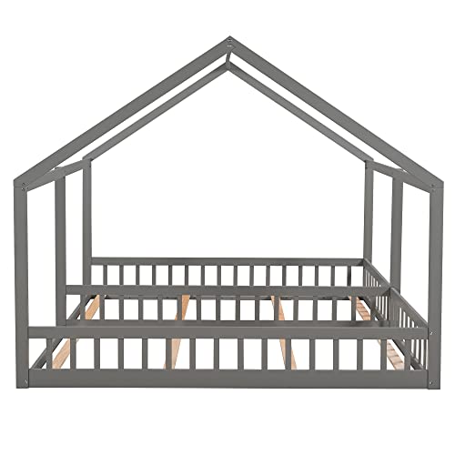 Merax Double Twin Kids House Shaped Low Platform Beds, Wood Floor Bed Frame For Boys, Girls, No Box Spring Needed Easy Assemble (Twin,Grey #TOP5