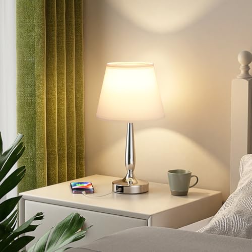 Kakanuo Touch Table Lamp for Bedroom, Small Bedside Lamp with USB C Charging Port, 3 Way Dimmable Touch Control Nightstand Lamp for Living Room and Office, White Shade and Silver Base by Kakanuo - Used condition - Image 2