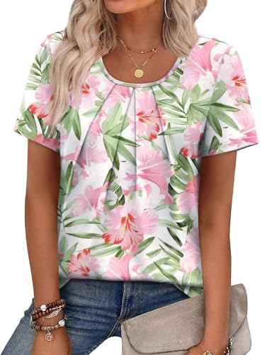 Image of WIHOLL Women T Shirts Pleated Short Sleeve Tops Business Casual Dressy Blouses