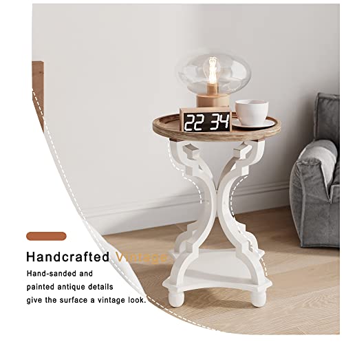 Function Home Rustic Farmhouse Round End Tables, Small Accent Side Table With Natural Tray Top And Concave Legs, Nightstand For Living Room, Bedroom, Handcrafted Finish, Wood, White #TOP3