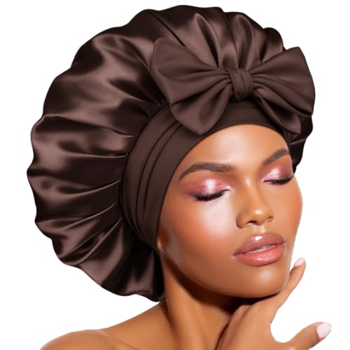 BONNET QUEEN Silk Bonnet for Sleeping Women Satin Bonnet Night Sleep Cap Wrap for Curly Hair with Adjustable Tie Band, Single Layer, Chocolate