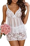 Avidlove Sexy Women Lace Pajamas Lingerie Set High Waist Sheer Sleepwear Bow Ties Cami Shorts Set White