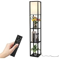 Tom-shine Lámpara de pie de madera con Control Remoto con Estantes Decorativos, Atenuador Dimmer Continuo 3 Temperaturas de Color (Negro)