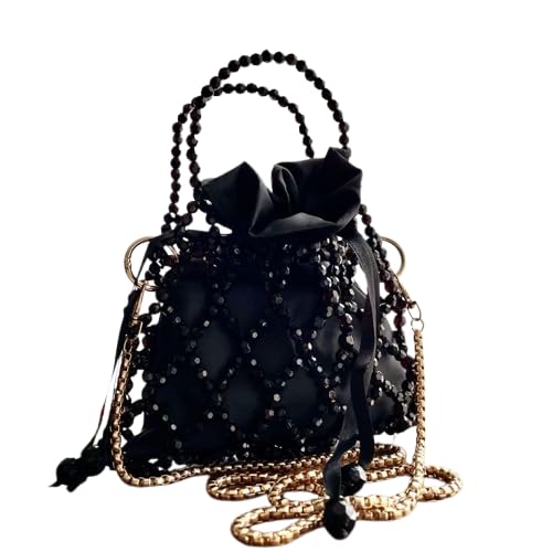 Luxury Beaded Handbag, Black Quilted Purse with Pearl Embellishments, Gold Chain Strap, Evening Clutch Bag-image-0