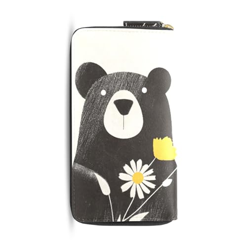 MNSRUU Womens Wallet Purses, Cute Little Bear Flowers Clutch Purses for Women RFID Blocking Credit Card Holder Wallet Leather Zipper Coin Purse