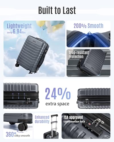 Image of LIGHT FLIGHT Expandable Carry On Luggage 22x14x9 Airline Approved with Double Spinner Wheels, 20 Inch Lightweight Hard Shell Rolling Suitcases with TSA Lock, Gray