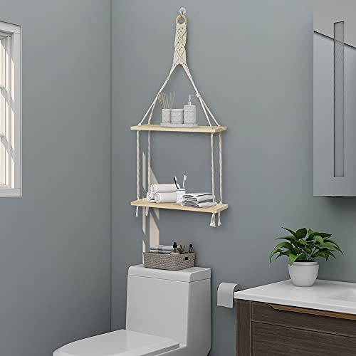 Afuly Macrame Hanging Shelves Wall Floating Shelf Natural Wood Chic Boho Decor 2 Tiers Pine Wood Cotton Rope Beige For Bedroom Bathroom Living Room Decor Ready To Hang, Beige #TOP5