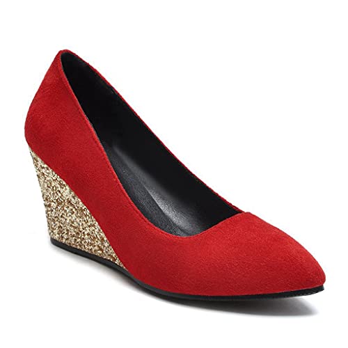 MIOKE Women's Pointed Toe Wedge High Heel Pumps Fashion Suede Slip-On Comfort Chunky Walking Dress Shoes
