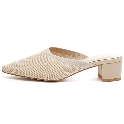 Womens Heeled Mules Closed Toe Block Heel Slide Sandals Comfortable Mesh Knit Dress Shoes Apricot #TOP1