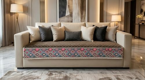 Image of Velvet Quilted Sofa Cover Mat Seat & Back, 3+2+2 Set, Total L161in H32in (3+2+2), Brown Color,Anti Skid Backing, 6in Hanging Strap Design, Washable Soft, A, Style -Brown-S322