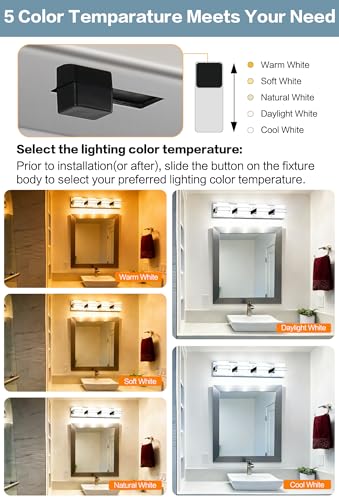 Image of SOLFART Chrome Vanity Lights for Bathroom Above Mirror,4 Light Bathroom Light Fixtures, LED Lighting Fixture, Nickel Vanity Light,5 Color Temperature Adjustable Light Over Mirror