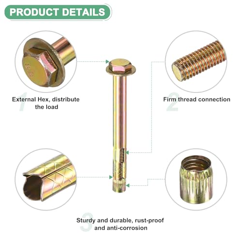 Image of M METERXITY 4-Pack Hex Expansion Bolt, M10x120mm Colored Galvanized Iron-Carbon Steel External Hex Expansion Bolts, Anti-Corrosion Metal Bolt for Concrete /Dry Brick /Block Walls