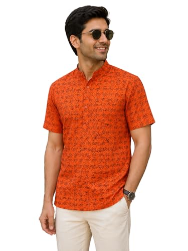 Image of LATEST CHIKAN Men's Cotton Printed Short Kurta | Half Sleeve Band Collar Ethnic Wear | Radhe Print Casual Festive Traditional Kurta for Men