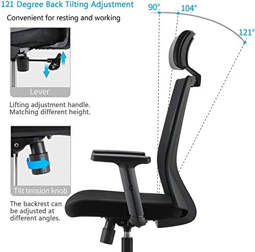 SIHOO Office Chair,Ergonomic Desk Chair,Swivel Chair with High Back,Lumbar Support,Adjustable PU Headrest,Armrest and Rocker Function,Mesh home office chair(Black)