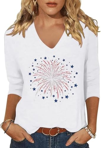 4th of July V Neck Shirt for Women:American Flag Graphic 3/4 Sleeve Tee Fireworks Family Patriotic T-Shirt Summer Stars and Stripes Tops(XL,White-03)