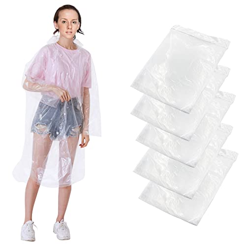 Mairhie 5 Stück Einweg-Regenponcho für Erwachsene, wasserdichte Ponchos-Mäntel mit Kordelzug-Kapuze, Notfall-Regenmäntel, transparente Regenponchos für Wandern, Wandern, Wandern, Wandern, farblos, L Cover
