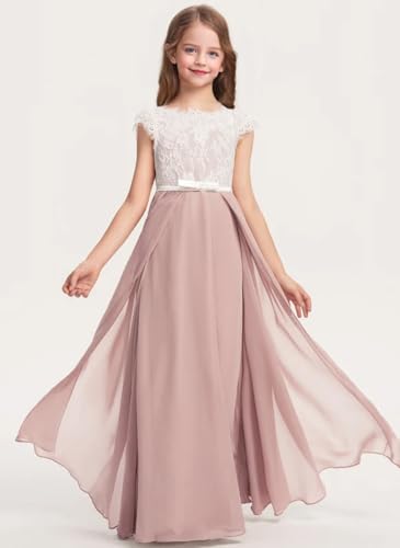 A-Line Scoop Floor-Length Satin Lace Chiffon Bridesmaid Dress with Bow Flower Girls Wedding Party Dresses T0382