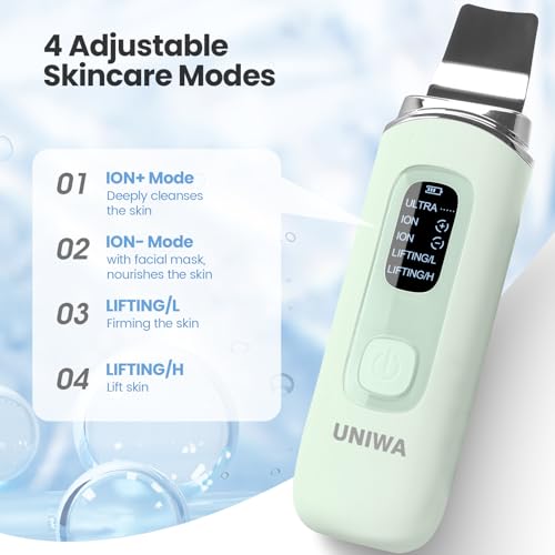 UNIWA Skin Scrubber Face Spatula, Skin Scrubber Pore Cleaner Blackhead Remover Tool for Deep Facial Cleansing - 4 Modes, Face Spatula with USB Charger, LCD Display, IPX7 Waterproof -Green 1PCS