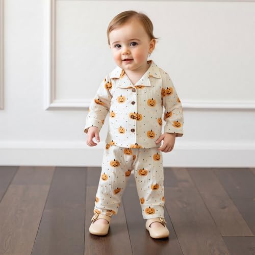 fyclemt Toddler Baby Girl Boy Halloween Pajamas Pumpkin Cotton Linen Long Sleeve Button Down Shirts Pants Kids Sleepwear Pjs2