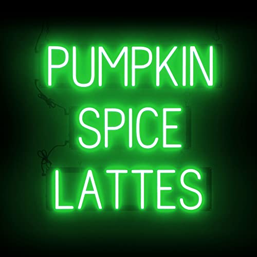 Image of SpellBrite LED Neon PUMPKIN SPICE LATTES Sign - Green, 26 inch x 24 inch | Ultra-Bright Click-Together Signage for Cafes, with Visibility from 500 Feet - 8 Animations, 6 Brightness Settings