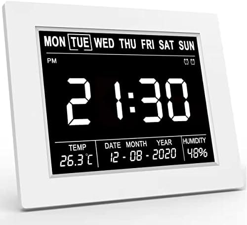 Hiseeyo-8 Inches Preeminent Calendar Alarm Clock, Dementia Impaired Vision Clocks for Memory Loss Seniors, Silent No Ticking, Large Display, With Humidity&Temperature