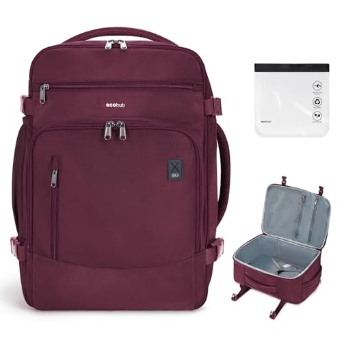 ECOHUB Travel Backpack for Women, 18x14x8 Spirit Airlines Personal Item Bag with Clear Toiletry Bag, Laptop Carry on Backpack with USB Port, Airline Approved Under Seat 14 Pockets 30L, Red