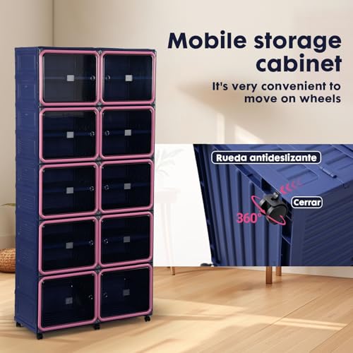 Image of Folding Shoe Rack Storage Device,Large Plastic Folding Shoe Cabinet, Easy to Assemble Shoe Rack Storage Cabinet with Transparent Door Magnetic Buckle(9Tiers,36Pairs) Blue and Pink