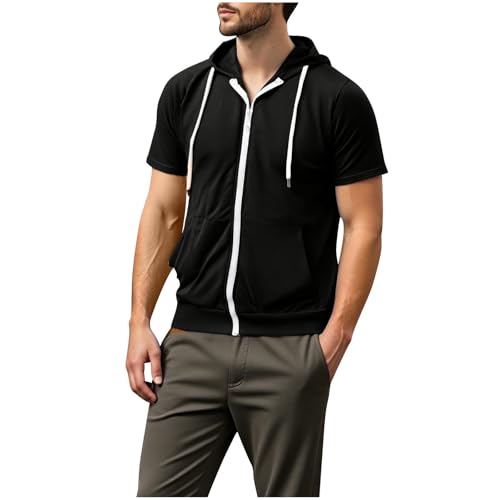 Mens Summer Casual Zip up Hoodie Shirts Short Sleeve Thin Jacket Full Zip Sweatshirt with Kangaroo Pocket