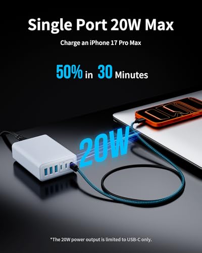 Image of 105W USB C Charger Block, 6-Port USB C Charging Station GaN III PD 20W Laptop Fast Charger Adapter for iPad Pro /Air /Mini, iPhone 17 /16 /15 /14 /13 /12 /11, Samsung and More (Cable Organizer Included)