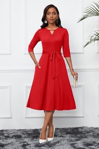 Image of CLOCOR Midi Dresses for Women Casual A-Line Fit and Flare Dress Crewneck 3 /4 Sleeve Keyhole Cocktail Party Church Dress