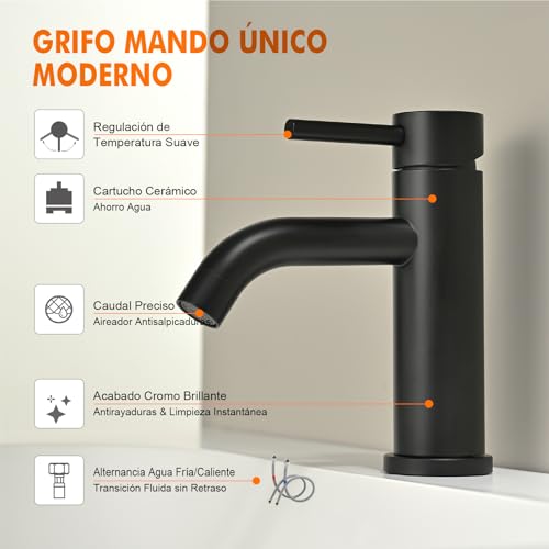 Miniatura 2 de Ibergrif Grifo Lavabo Negro, Mezclador Monomando Clásico Para Baño, Acero Inoxidable, Agua Fría Y Caliente, M11003b