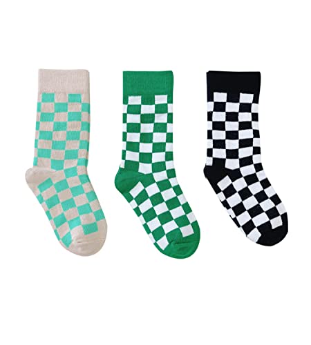 Kids Novelty Checkered Crew Socks, Cotton Anklet Socks for Toddler Little Big Boys Girls, 3/5 Pack, Size S-XXL