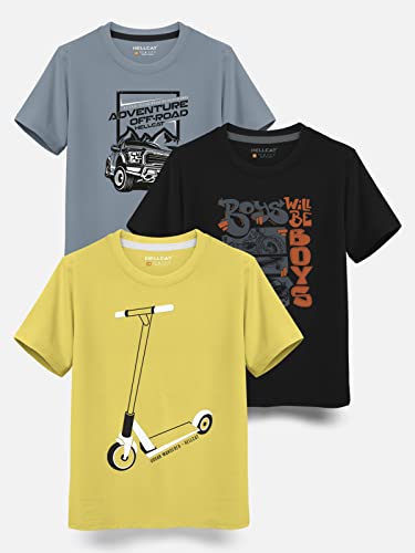 Image of HELLCAT Trendy Typographic Printed Cotton Blend Half Sleeve T-Shirt for Boys - Pack of 3
